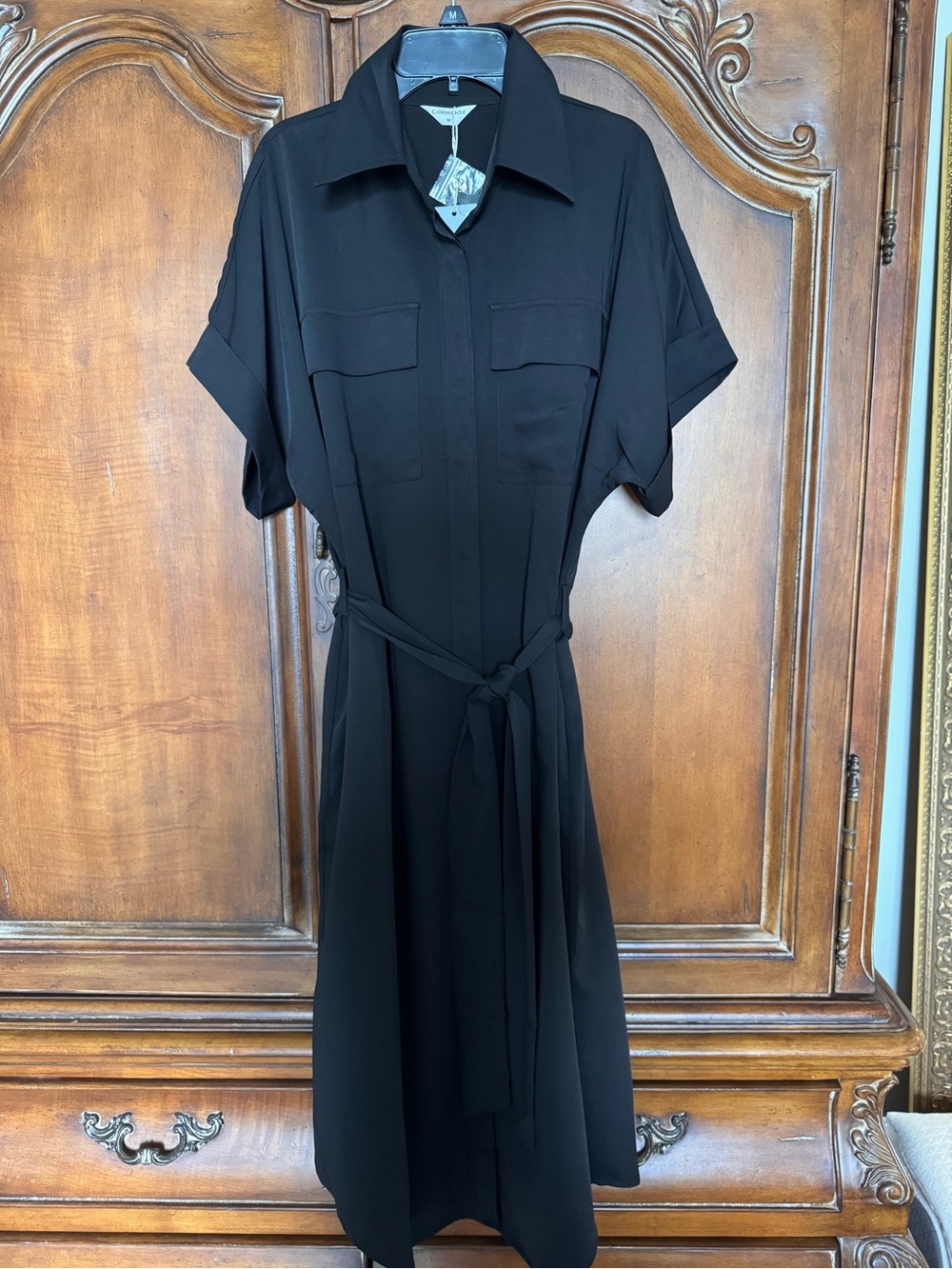 Commense Black Midi Shirt Dress w Self Tie Waist, Cuffed Sleeves & Front Pockets